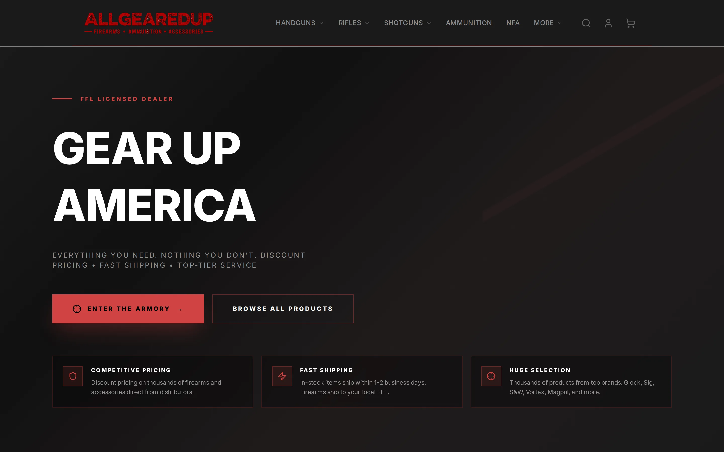 All Geared Up FFL homepage at allgearedupffl.com, running on ArmoryFlow
