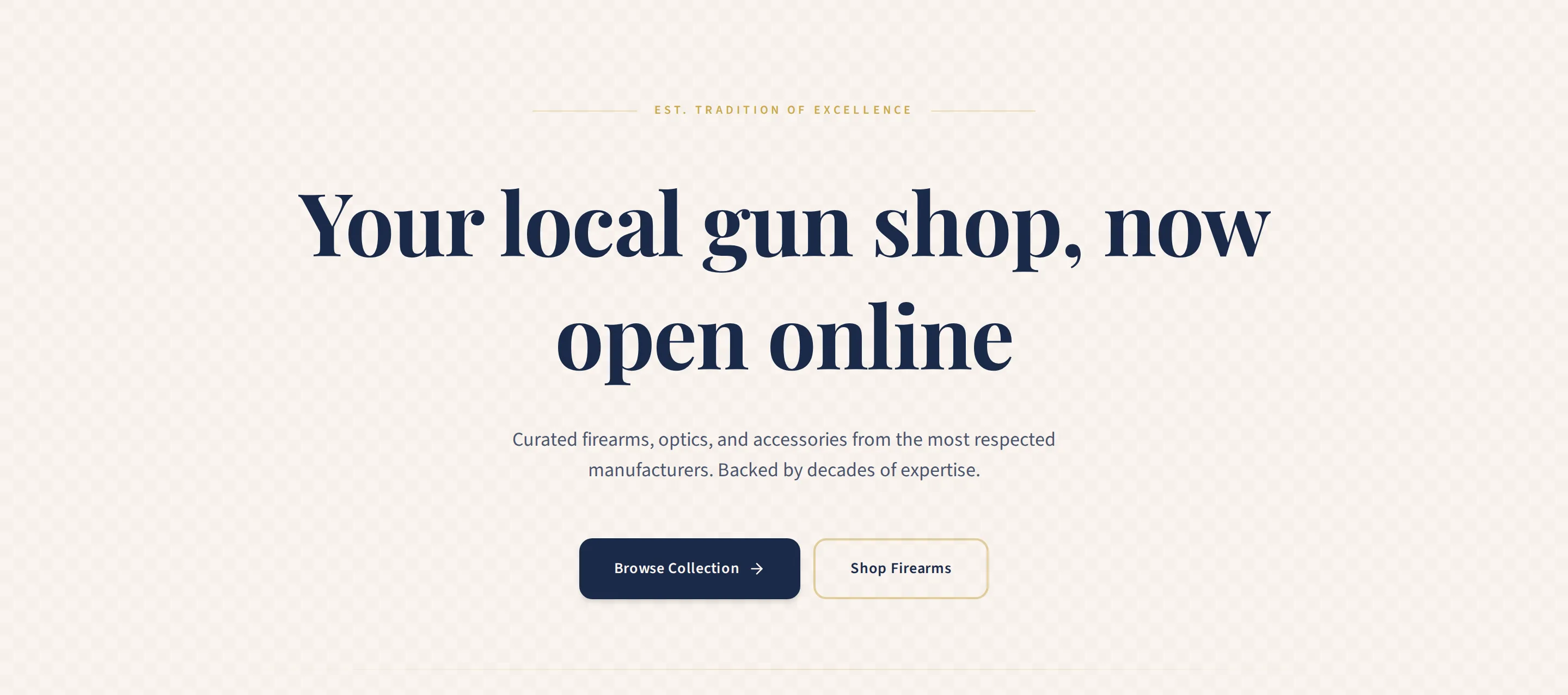 A Design Assistant draft of a dealer homepage with the headline Your local gun shop, now open online, shown in preview with the note Nothing is live until you put it on your website