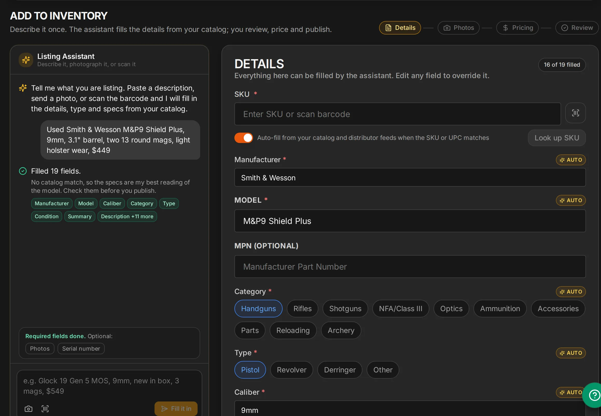 The Listing Assistant filled 19 fields of a used Smith and Wesson listing from one sentence