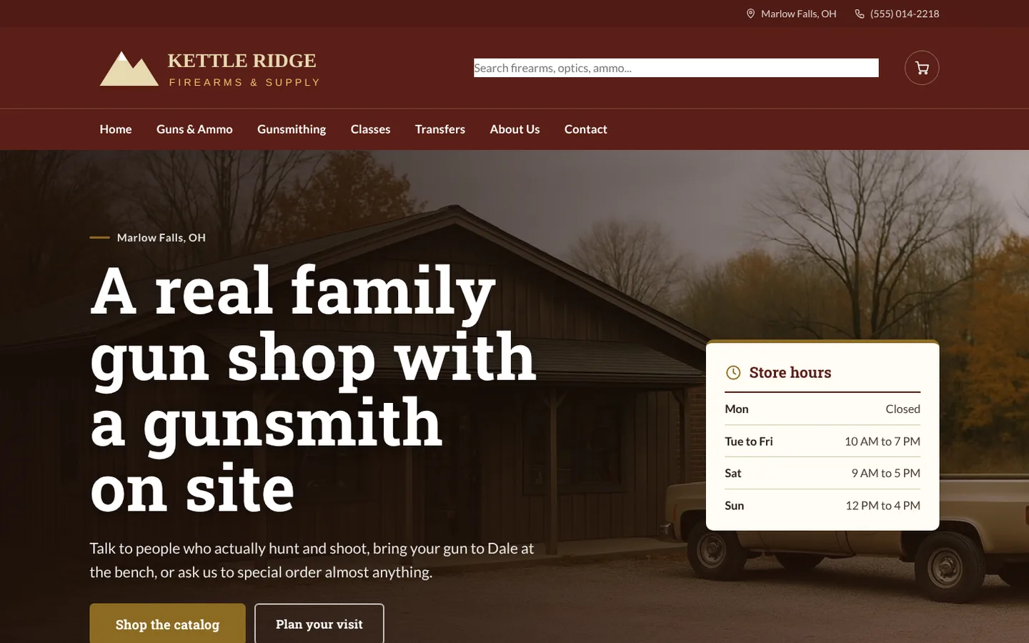 A custom site homepage for Kettle Ridge Firearms & Supply, a fictional gun shop, with a dark red header, gold logo and a photo of the shop