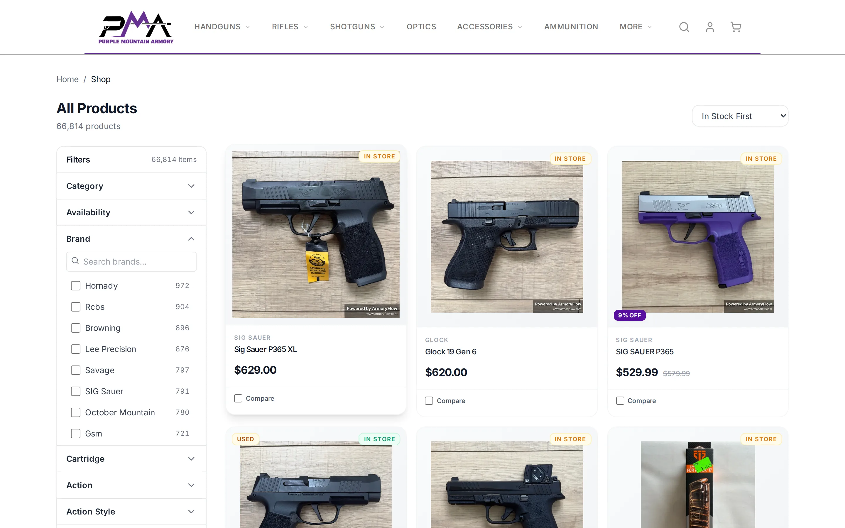 Purple Mountain Armory shop page on ArmoryFlow showing 66,000+ products with brand filters and in-store badges