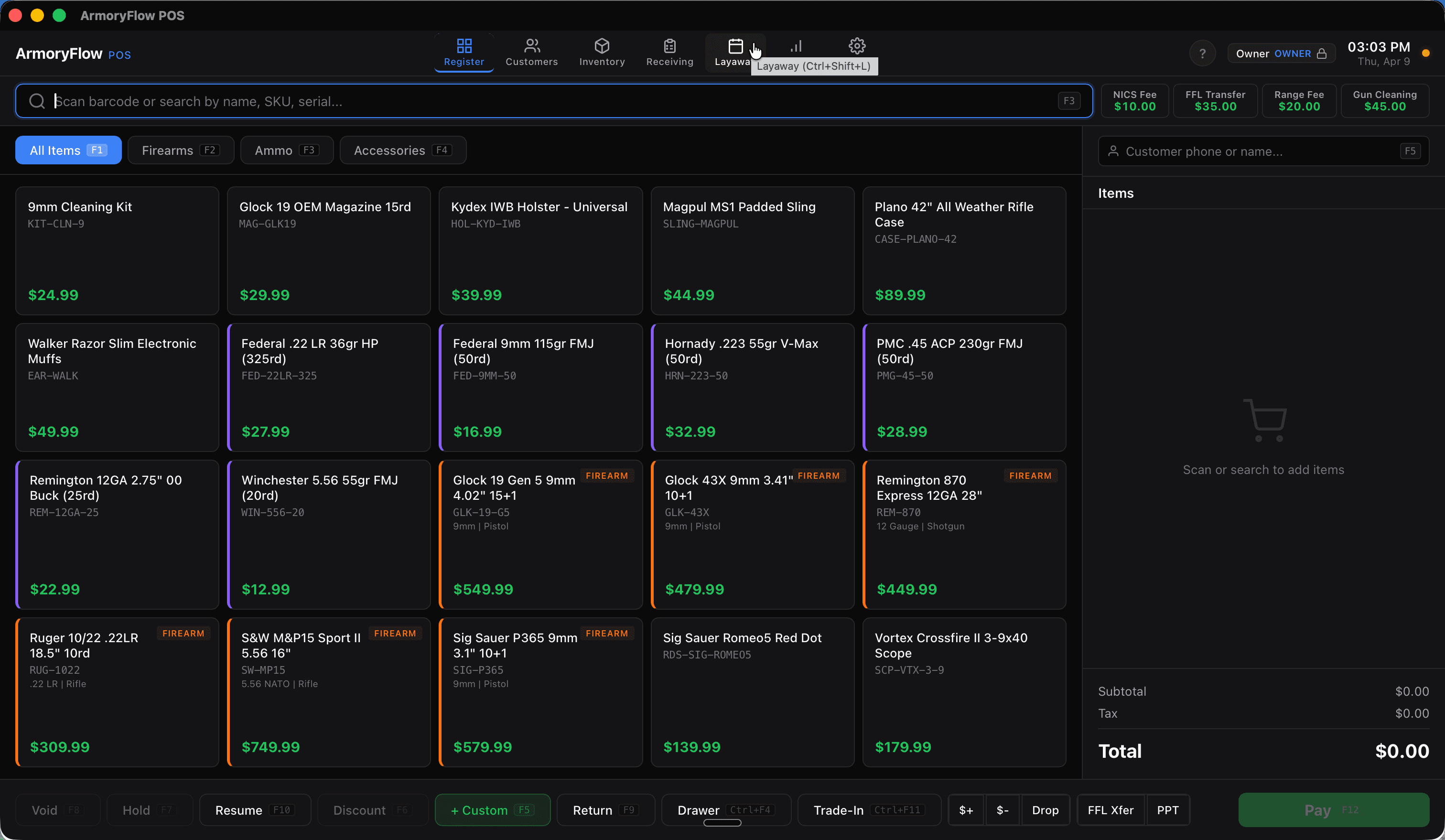ArmoryFlow POS register interface with firearm grid and checkout cart