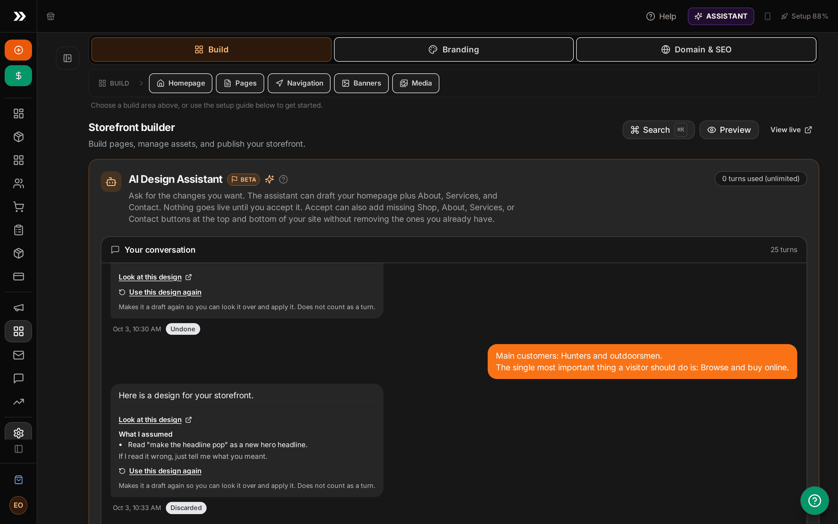 The AI Design Assistant conversation on Settings, Storefront: a dealer's request, the draft it produced, and the What I assumed note under the reply