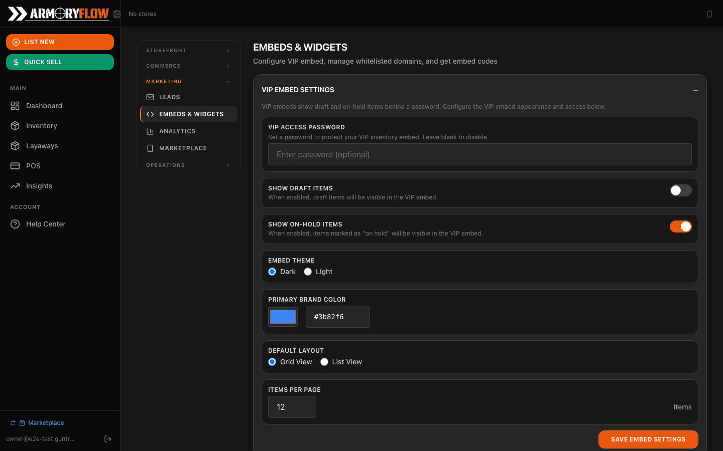 Website embed code and widget settings